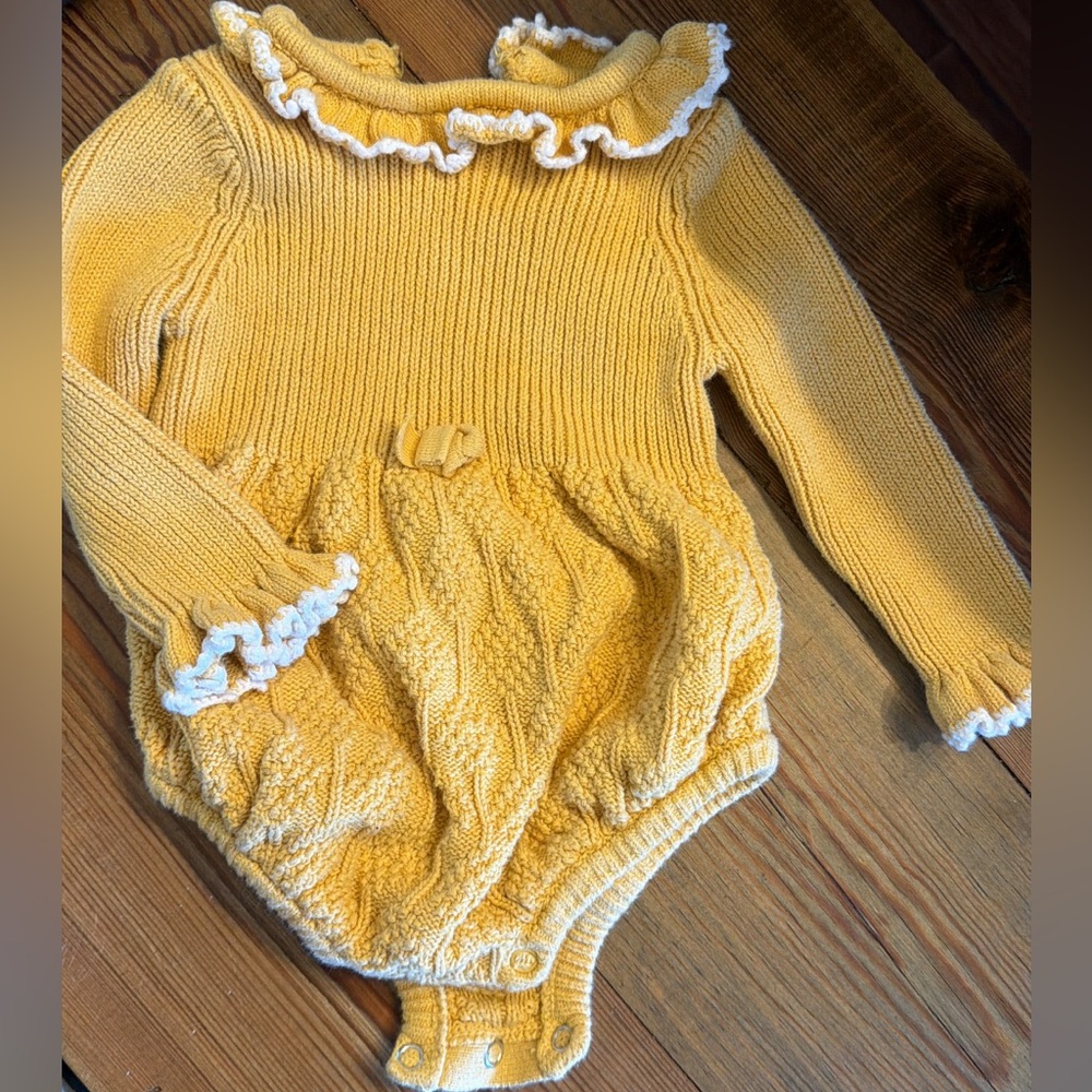 Yellow Knit Baby Romper with White Ruffle Trim